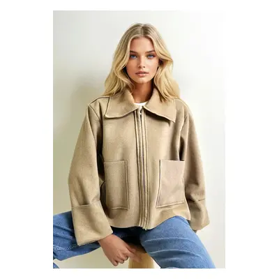 Trend Alaçatı Stili Women's Milky Coffee Shirt Collar Double Pocket Front Zippered Cashmere Jack