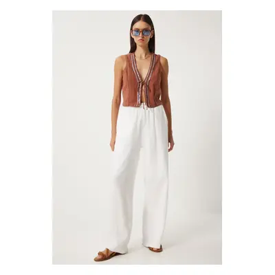 Happiness İstanbul Women's White Muslin Palazzo Trousers