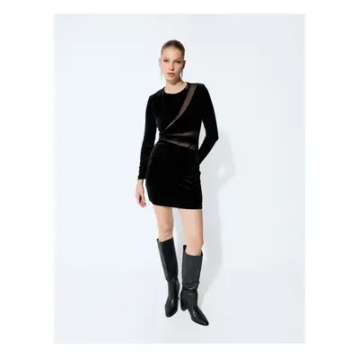 Koton Velvet Tulle Detailed Long Sleeve Mini Dress