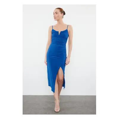 Trendyol Blue Strap Slit Gathered Cutout V-Neck Detailed Flexible Knitted Midi Pencil Dress