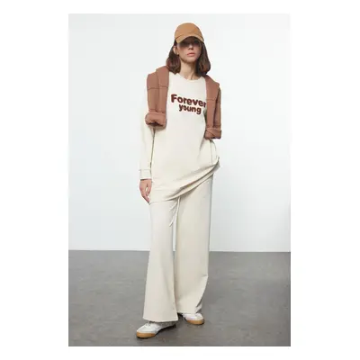 Trendyol Beige Slogan Printed Soft Fluffy Knitted Tracksuit