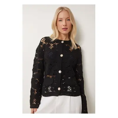 Happiness İstanbul Women's Black Floral Laced Seasonal Knitwear Cardigan