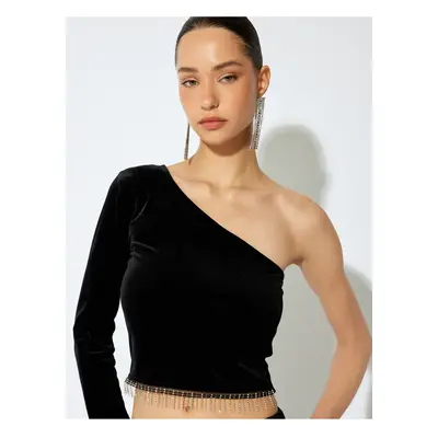 Koton Slim Fit Long Sleeve Rhinestone One Shoulder Velvet Bodysuit