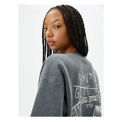 Koton Printed Back Sweatshirt Faded Effect Crew Neck Raised Cotton