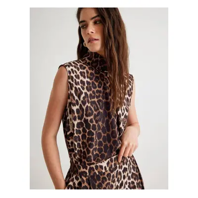 Koton Leopard Patterned Blouse Sleeveless High Collar Pleat Detailed