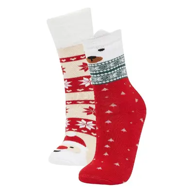 DEFACTO Girl's Christmas Themed 2-Piece Cotton Long Socks