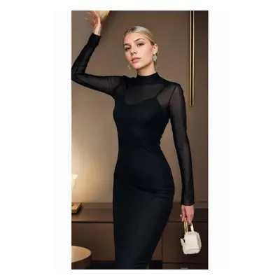 Z2277 Dewberry Womens Black Lined Half Turtleneck Dress-BLACK