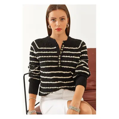 Bianco Lucci Women's Button Detailed Hair Knit Striped Knitwear Sweater