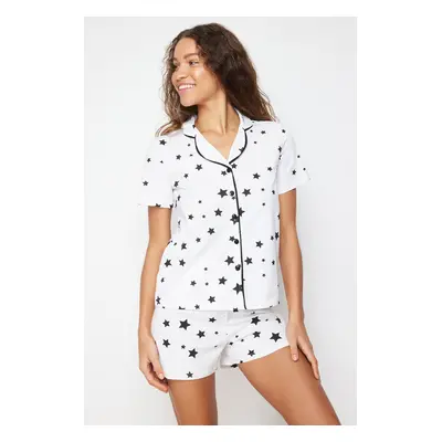 Trendyol Ecru 100% Cotton Star Patterned Piping Knitted Pajama Set