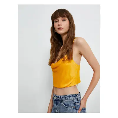 Koton Crop Satin Blouse With Thin Straps, Plunger Collar