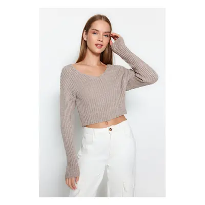 Trendyol Mink Crop Basic V-Neck Knitwear Sweater