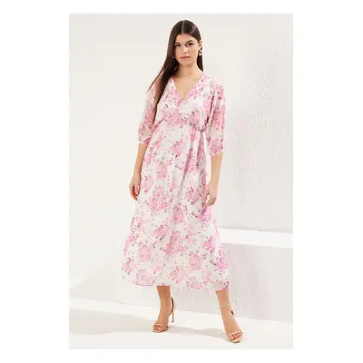 Trendyol Pink Abstract Patterned Maxi Chiffon Lined Woven Dress with Open Waist Skirt