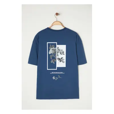 Trendyol Indigo Oversize/Wide Cut Floral Printed Short Sleeve 100% Cotton T-Shirt