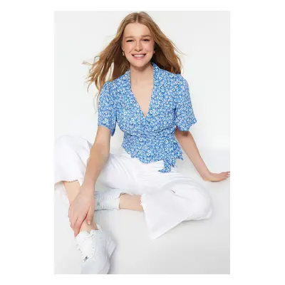 Trendyol Blue Tie Detailed Floral Patterned Crop Woven Blouse