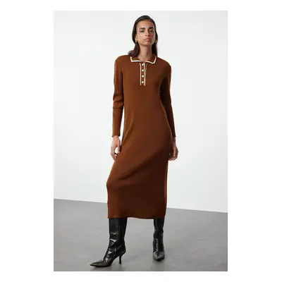 Trendyol Brown Polo Button-Down Collared Knitted Dress