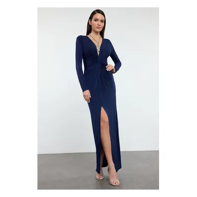 Trendyol Navy Blue Double Breasted Knitted Long Elegant Evening & Graduation Dress