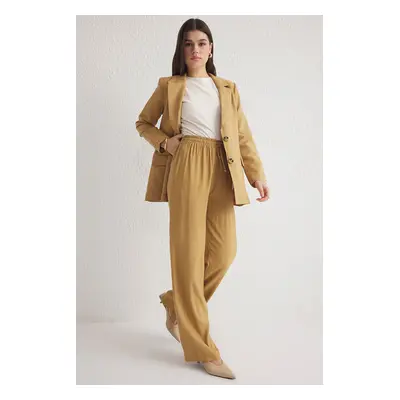 Trendyol Camel Jacquard Elastic Waist Wide Leg Trousers