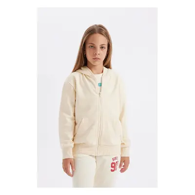 DEFACTO Girls Basic Hooded Zippered Pocket Ecru School Cardigan