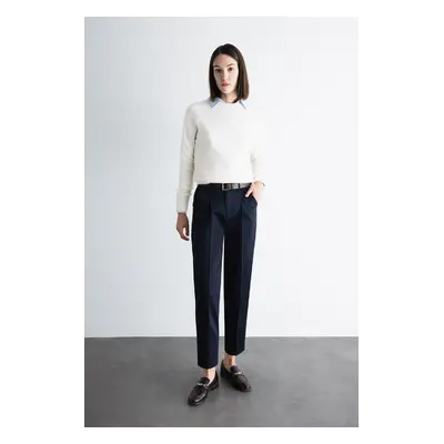 DEFACTO Classic Pants with Belt Carrot Fit Navy Blue High Waist Narrow Leg Pleated Basic Straigh