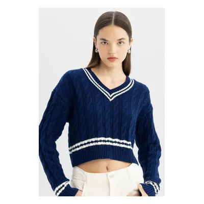 DEFACTO Cool Regular Fit V Neck Hair Knit Stripe Knitwear Sweater