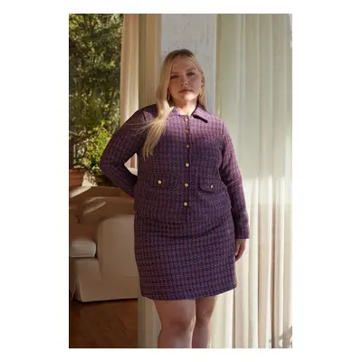 Trendyol Curve Purple Buttoned Plaid/Checked Tweed Woven Plus Size Women's Jacket