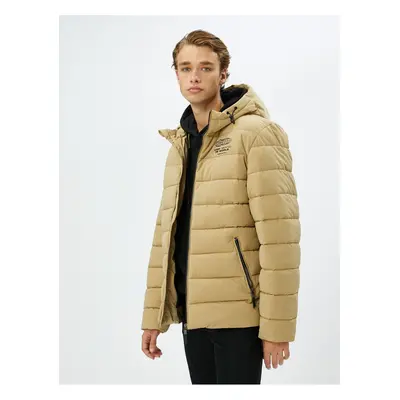 Koton Puffer Jacket Hooded Zippered Slogan Printed Pocket Detailed