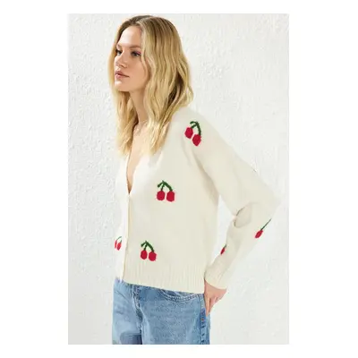 Trendyol Ecru Soft Texture Cherry Patterned V Neck Knitted Cardigan