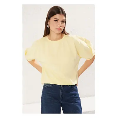 Trendyol Light Yellow 100% Jersey Balloon Sleeve Oversize/Wide Cut Knitted T-Shirt