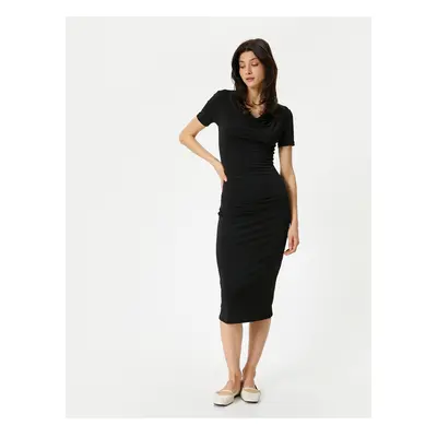 Koton Midi Dress Draped Neck Short Sleeve Standard Cut