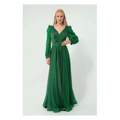 Lafaba Women's Emerald Green, Double Breasted Collar, Glittery Long Flare Evening Dress.