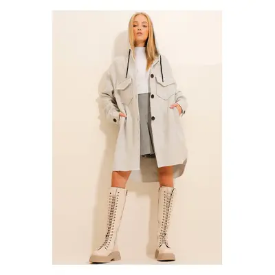 Trend Alaçatı Stili Women's Gray Hooded Double Pocket Trench Coat