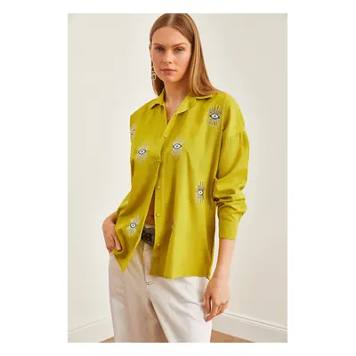 Olalook Women's Eye Oil Green Sequin Detailed Woven Boyfriend Shirt