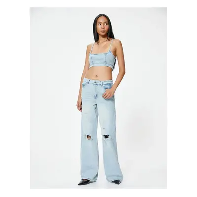 Koton Wide Leg Ripped Denim Trousers with Standard Waist Buttons - Bianca Wide Leg Jean