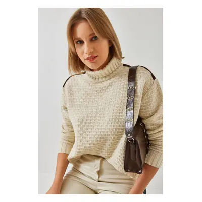 Bianco Lucci Women's Turtleneck Sweater with Stripe Detail on the Shoulder