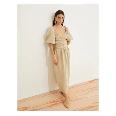 Koton Long Poplin Dress Balloon Sleeve Draped V-Neck Cotton