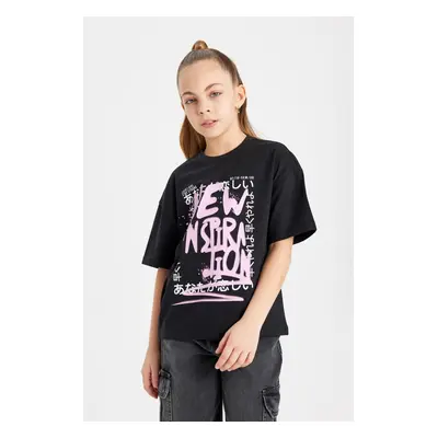 DEFACTO Girl Relax Fit Crew Neck Printed Short Sleeve T-Shirt