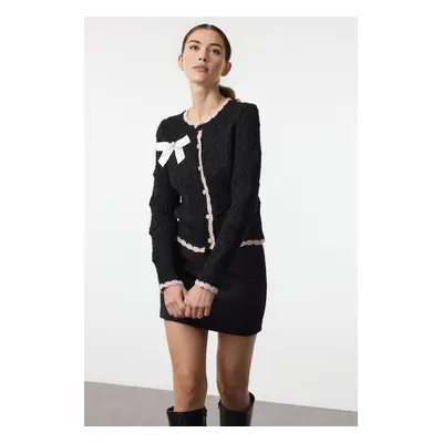 Trendyol Black Ribbon Detailed Beaded Knitted Cardigan