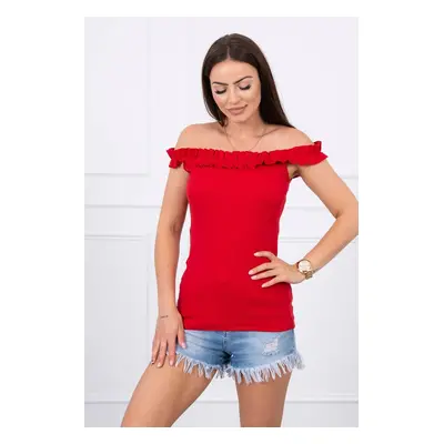 Red blouse with ruffles over the shoulder