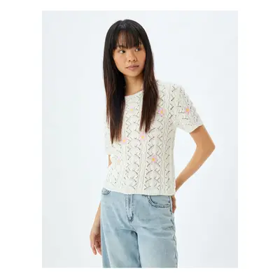 Koton Knitwear Openwork Sweater Short Sleeve Crew Neck Floral Embroidered