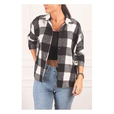 armonika Women's Black and White Square Patterned Loose Shirt