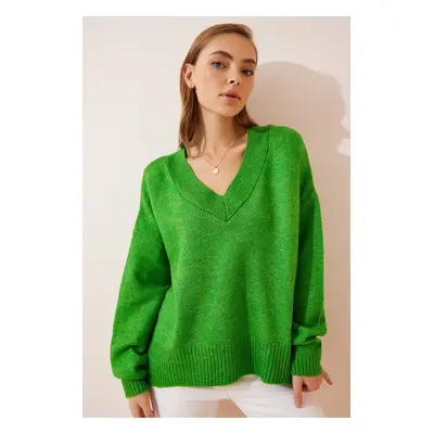 Happiness İstanbul Women's Light Green V-Neck Oversize Knitwear Sweater