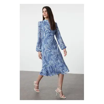 Trendyol Dark Blue Patterned Flounce Midi Woven Dress