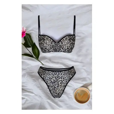 Trendyol Leopard Patterned Ribbed Unlined Knitted Underwear Set