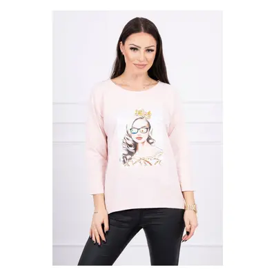 Blouse with graphics of a girl in glasses 3D powder pink