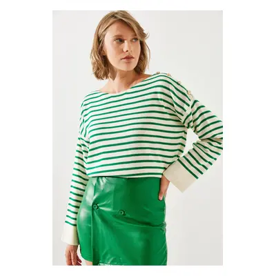 Bianco Lucci Women's Striped Shoulder Buttoned Sweater