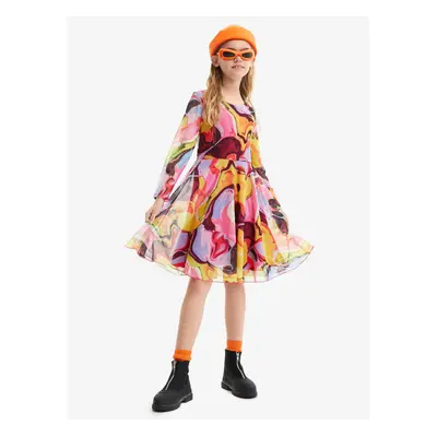 Yellow-pink girly patterned dress Desigual Aguayo - Girls