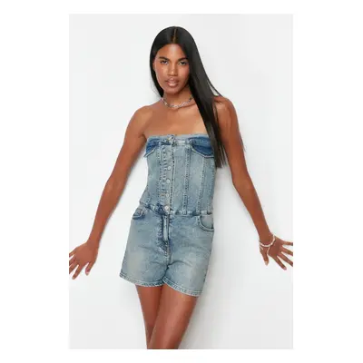 Trendyol Blue Stitching Detailed Denim Overalls