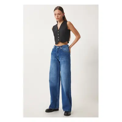 Happiness İstanbul Women's Blue Mid Waist Wide Leg Loose Jeans