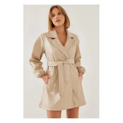 Bianco Lucci Women's Leather Raised Belted Trench Coat