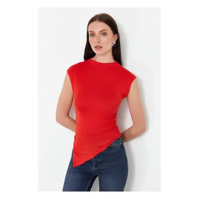 Trendyol Red High Neck Short Sleeve Gathered/Drape Detail Asymmetric Knitted Blouse